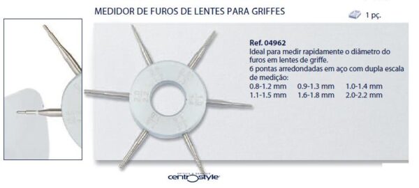Pinça para Medir Furo nas Lentes, em Armação Ballgriff/Flutuante